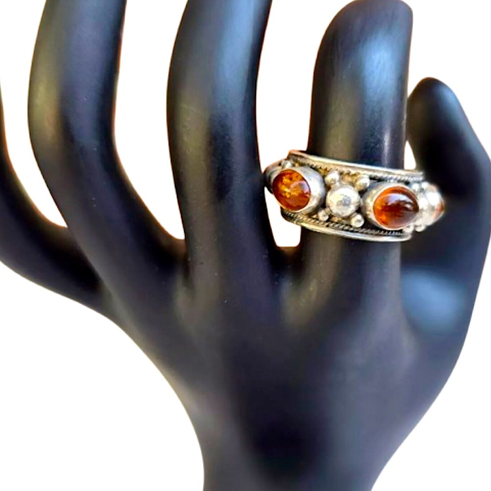Vintage Sterling Silver Amber Cabochon Ring Sz 7-3/4